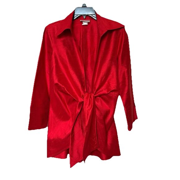 3 Sisters Silk Top Open Front Kimono Cardigan Tie Closure Red Made In USA - Picture 1 of 6